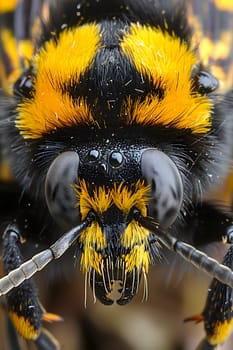 A close up of an arthropods head, the black and yellow insect is a pollinator with compound eyes. This terrestrial organism benefits plants, despite being mistaken for a pest