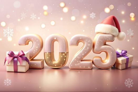 Christmas holiday background, Gold Merry Christmas 2025 poster design, gift and Santa's hat. New Year's greeting card. Ai generated