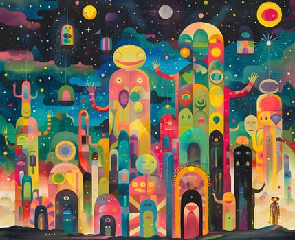 A vibrant painting of a city at night, featuring colorful buildings, purple hues, and illuminated windows. The architecture is depicted in a unique art style, using bold lines and rectangles