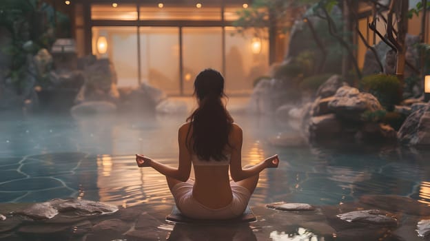 A woman is peacefully sitting in a lotus position in a hot spring, surrounded by the calming waters and beautiful landscape, enjoying leisure and relaxation
