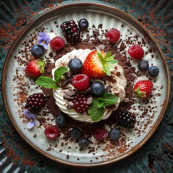 A delicious dessert featuring a variety of berries and rich chocolate, served elegantly on a plate. The perfect combination of natural foods and baked goods
