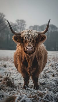 A brown bull with long horns, a working animal in a terrestrial landscape, is standing in a grassy field, gazing at the camera with its snout