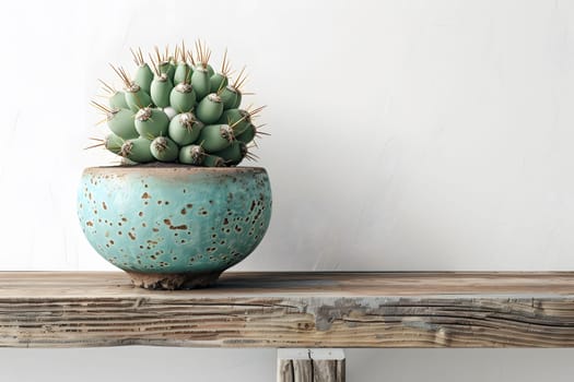A Flowerpot containing a cactus is placed in a blue Vase on a rectangular Wood shelf. The Terrestrial plant adds a natural element to the Table decor
