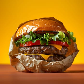A classic hamburger, with its juicy patty, fresh lettuce, and soft bun, is wrapped in brown paper on a table with a vibrant yellow background, showcasing this staple food of American cuisine