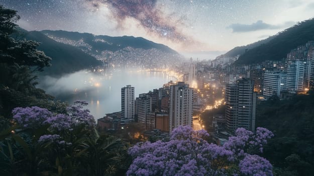 Caracas city skyline at night with the milky way galaxy shining bright above, creating a beautiful contrast between nature and urban life