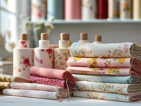 Several rolls of fabric in various patterns and shades, including magenta, are neatly stacked on a wooden shelf, resembling a publication of material properties for cosmetics