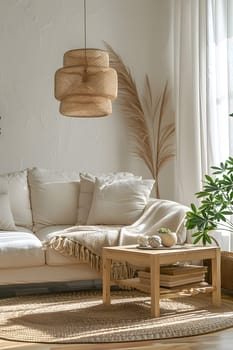 A cozy living room with comfortable furniture including a couch and coffee table. A plant adds a touch of nature to the interior design, complemented by wooden flooring