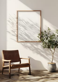 The room is furnished with a chair made of wood and a potted plant. The flooring is covered in shades of brown, creating a cozy atmosphere