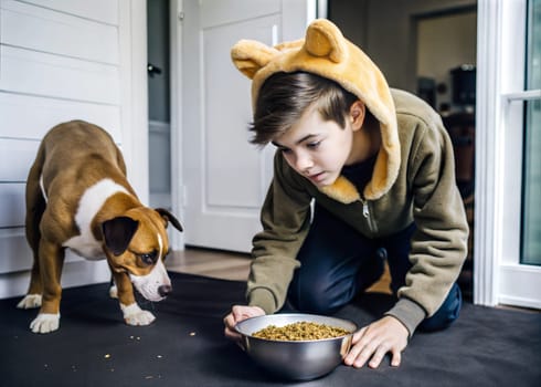 Boy in dog costume on the floor eating dog food from the bowl with dog. Quadrobics, furry, theriantropy subculture. Boy imitating dog's behavior. Ai generated