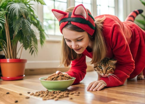 Girl in cat costume on the floor eating cat food from the bowl with cat. Girl imitating cat's behavior. Quadrobics, furry, theriantropy subculture. Ai generated