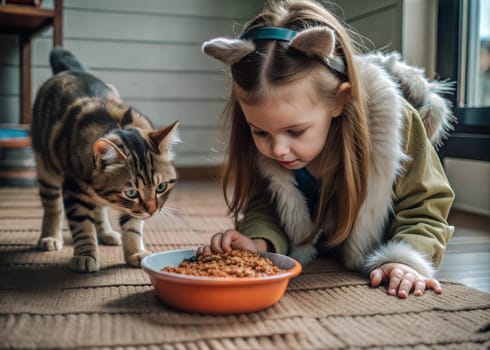 Little girl in cat costume on the floor eating cat food from the bowl with cat. Girl imitating cat's behavior. Quadrobics, furry, theriantropy subculture. Ai generated