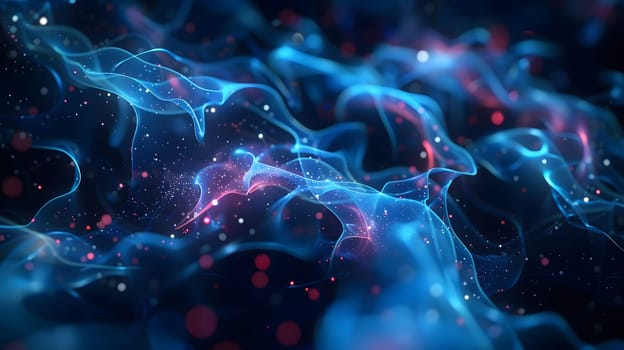 Abstract blue and red ethereal waves intertwined with glowing particles in dark space
