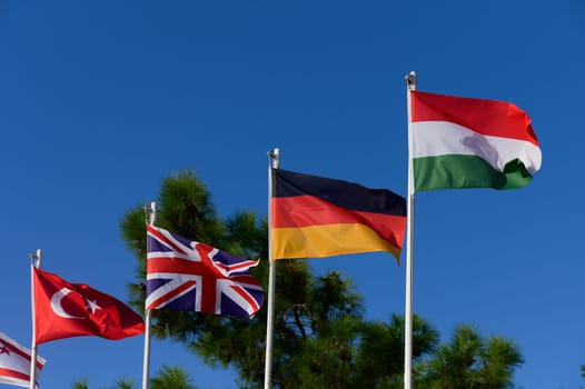 Several national flags are proudly displayed against a bright blue backdrop, representing diverse cultures and nations.
