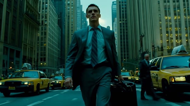 Businessman is striding down a busy city street with yellow taxis around him as the sun sets