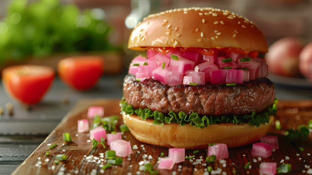 Gourmet burger with grilled patty, fresh vegetables, sesame bun on wooden board