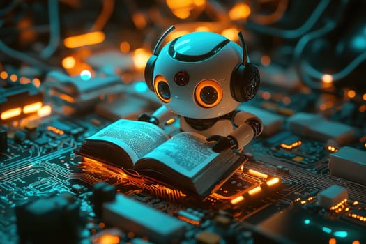 A small robot with expressive eyes and a headset engages with a book, surrounded by illuminated circuits, blending technology and imagination in a playful design.