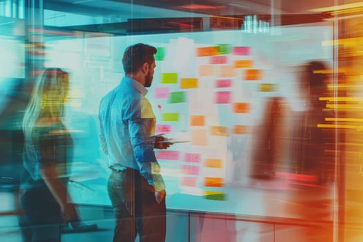 A man stands in front of a white board with colorful sticky notes on it. He is surrounded by other people, some of whom are also looking at the board. Scene is collaborative and focused