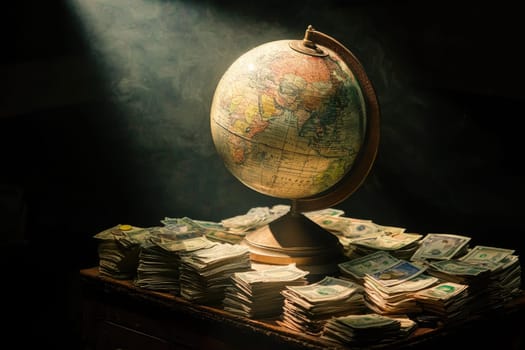 A globe sits on a table with stacks of money. The globe is surrounded by stacks of bills, and the scene gives off a sense of wealth and prosperity