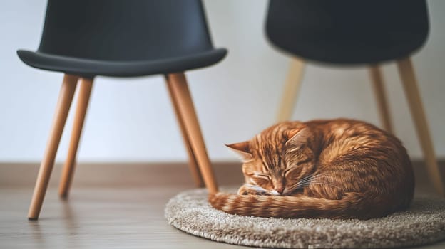 Ginger tabby cat is curled up, sleeping peacefully on a round rug in a room with modern chairs