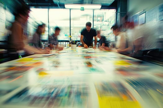 A group of people are sitting at a table with a lot of papers in front of them. The man in the center is looking at the papers and seems to be focused. The table is cluttered with papers