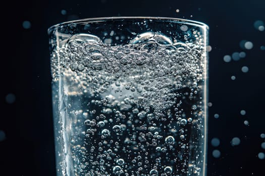 A vibrant close-up of bubbles rising in a glass of sparkling water, showcasing the refreshing effervescence and clarity of the liquid. Perfect for beverage themes.