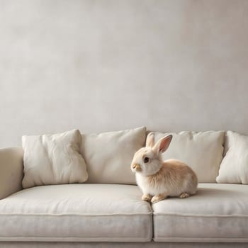 Cute bunny is sitting on a white sofa in a bright living room, creating a cozy atmosphere