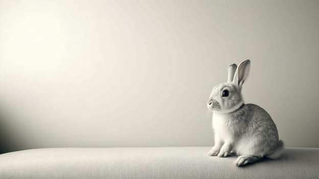 Cute grey and white bunny rabbit is sitting on a couch and looking to the right of the frame