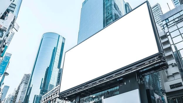 Large blank billboard is standing in the city center, surrounded by modern skyscrapers, offering advertising opportunities
