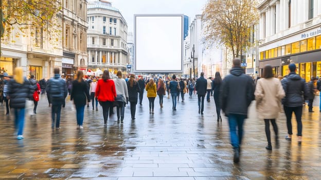 Crowd of people walking on a busy shopping street with a blank billboard in the background