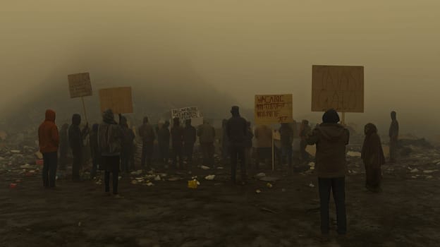 People holding protest signs standing in a polluted wasteland raising awareness about environmental issues