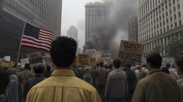 Large group of protestors holding signs and the american flag stand in the street in front of a burning building