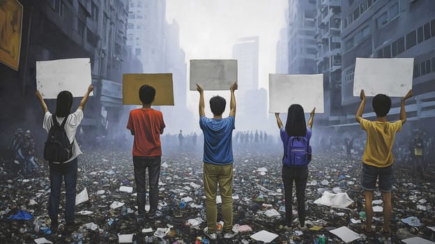 Five young protesters are holding blank signs in a city street full of garbage with a crowd gathering in the background