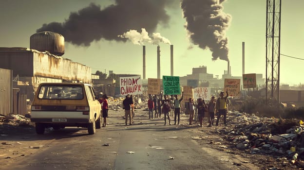 Group of activists are holding protest signs about pollution in front of a factory emitting black smoke
