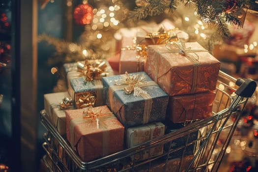 A charming display of elegant gift boxes in various sizes and colors, stacked beautifully for the holiday season. Perfect for adding festive cheer to any celebration.