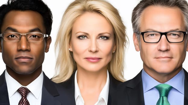 Diverse group of business professionals are posing confidently on a white background