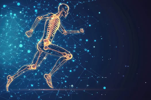 This striking image showcases a futuristic concept of orthopedic technology, featuring a skeleton running in a dynamic pose against a digital backdrop.