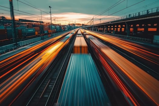 A high-speed freight train zooms through a vibrant sunset, showcasing the dynamic movement of intermodal transport along busy railway tracks.