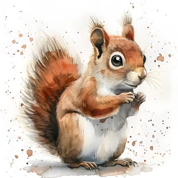 A watercolor painting of a Fox squirrel standing on its hind legs with a fawn tail and long whiskers, set against a white background, showcasing the terrestrial animal in an artistic way