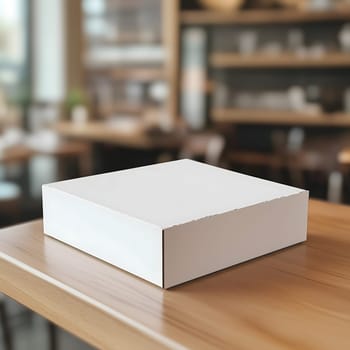 White cardboard box sitting on a wooden countertop in a restaurant with a blurred background