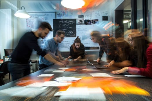 A group of people are gathered around a table with a whiteboard. Scene is collaborative and focused, as the group is working together on a project