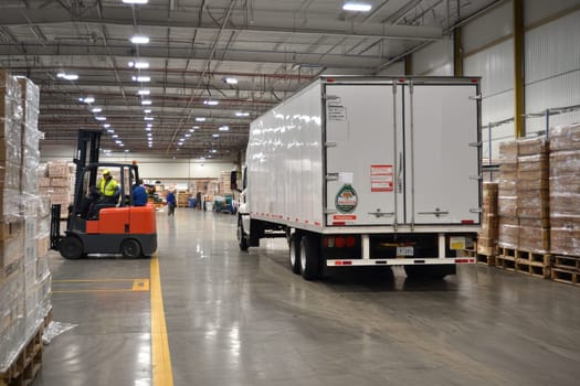 A forklift is driving a semi truck in a warehouse. The forklift is in the foreground and the truck is in the background