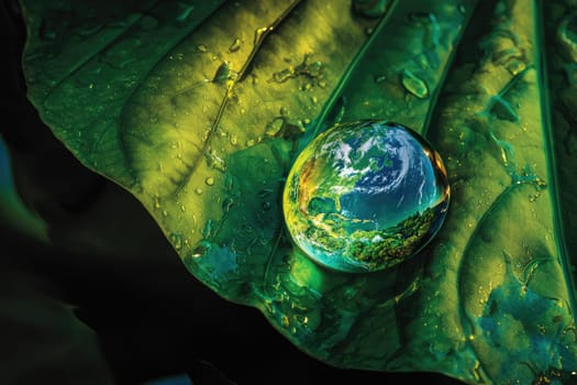 A captivating image of Earth reflected in a water drop on a vibrant green leaf, showcasing the beauty of nature and the importance of environmental preservation.