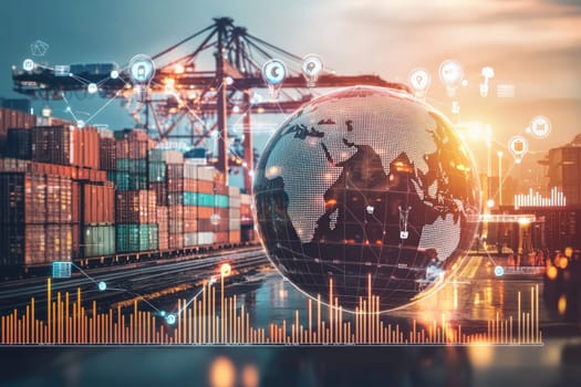 A globe with a bunch of lines and numbers surrounding it. The globe is surrounded by a cityscape with a lot of buildings and a large port. Concept of a bustling city with a lot of activity