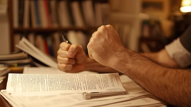 Frustrated student is clenching his fists on top of a desk full of books and papers