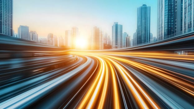 Light trails are illuminating an empty highway passing through the city center at sunset