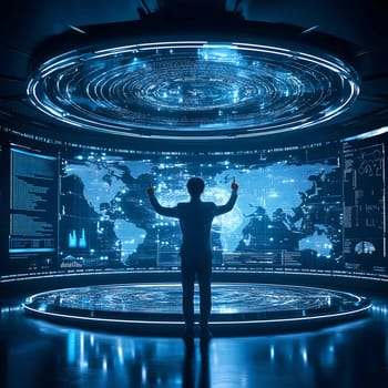 Businessman is raising his arms, analyzing global network data displayed on a futuristic circular interface in a high-tech control room