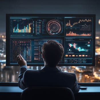 Businessman is working late, analyzing big data on multiple computer screens in his office overlooking the city at night