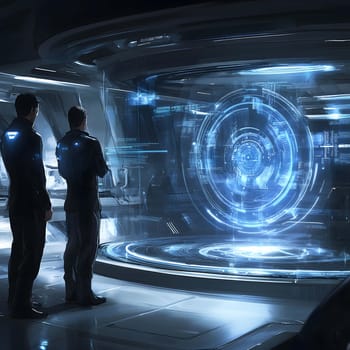 Two men, possibly engineers or technicians, are observing a complex holographic interface in a futuristic control room, analyzing data and monitoring systems