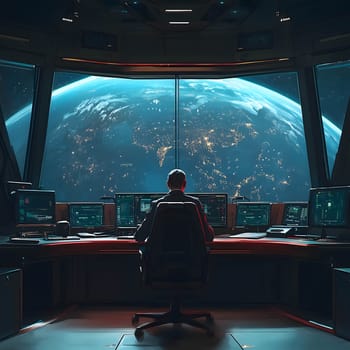 Space station supervisor is sitting in a dark control room, monitoring earth from a panoramic window