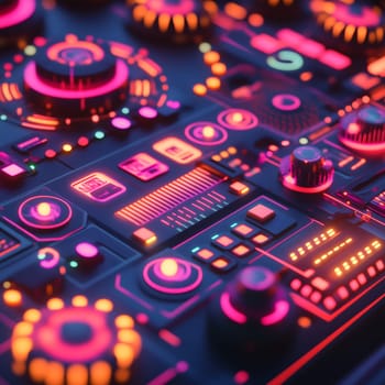 Futuristic audio mixing console is glowing with vibrant pink and orange lights, creating a visually captivating scene